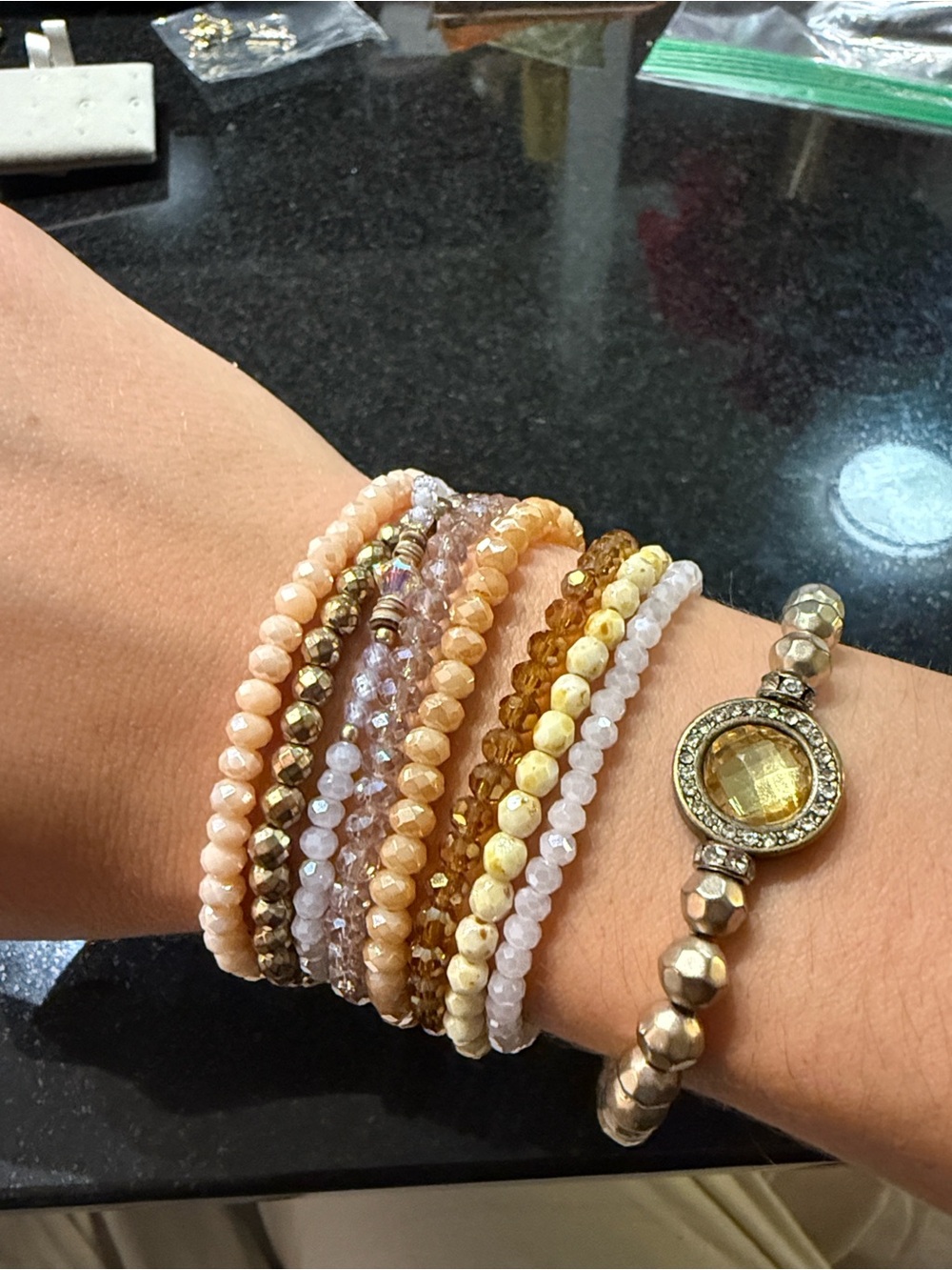 Women's Mixed Beaded Stretch Bracelet Set in Peach, Pink and Gold